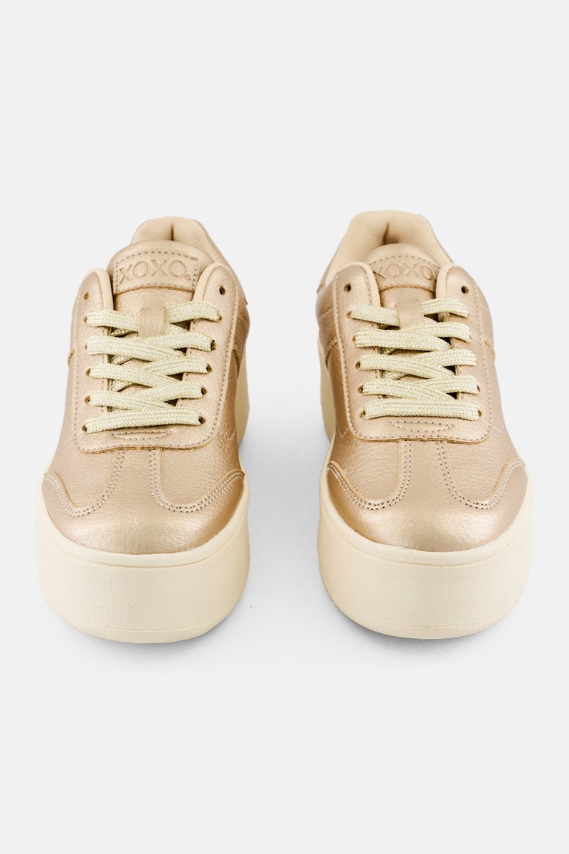 XOXO Women Leather Upper Lace Up Casual Shoes, Gold - Image 2
