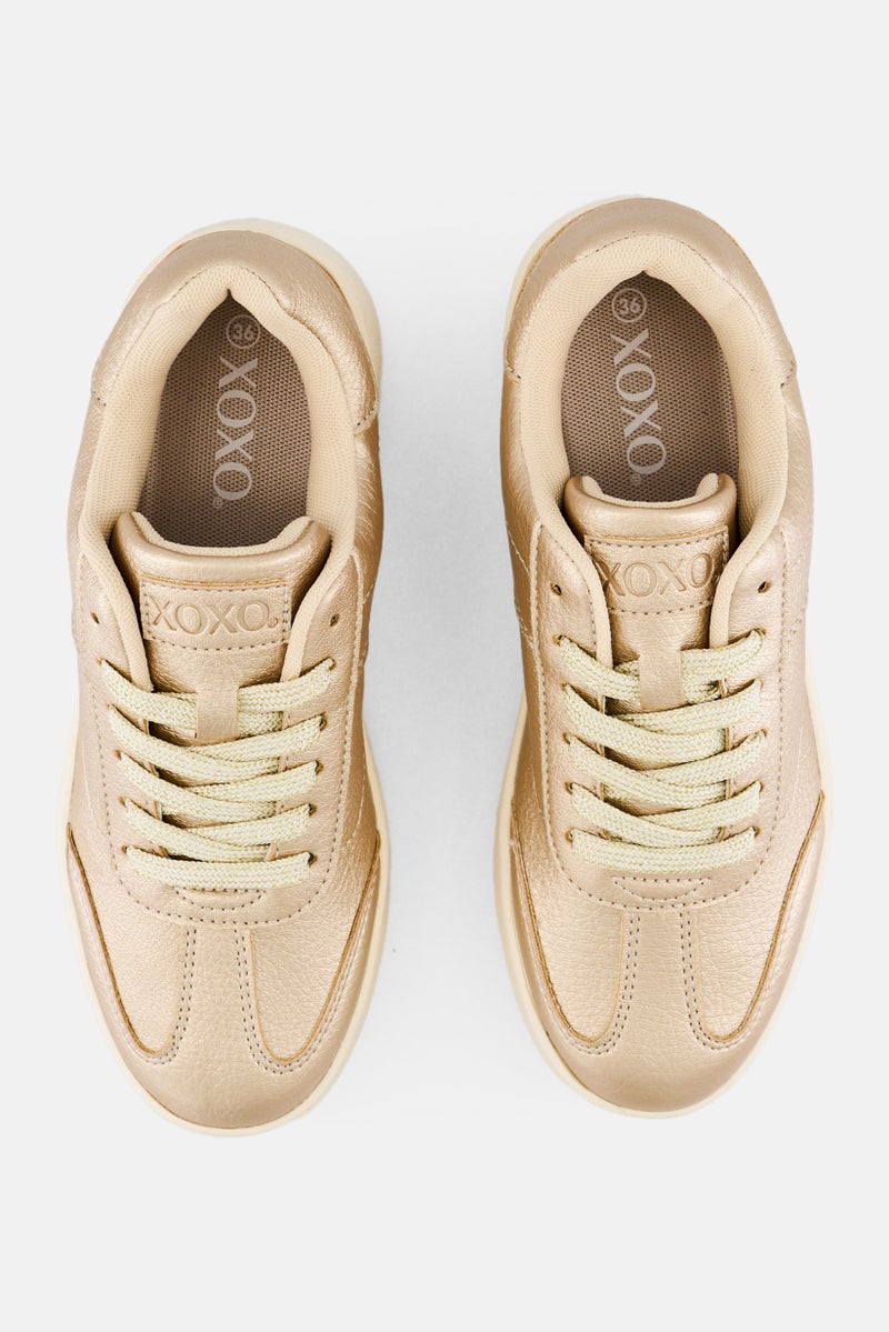 XOXO Women Leather Upper Lace Up Casual Shoes, Gold - Image 3