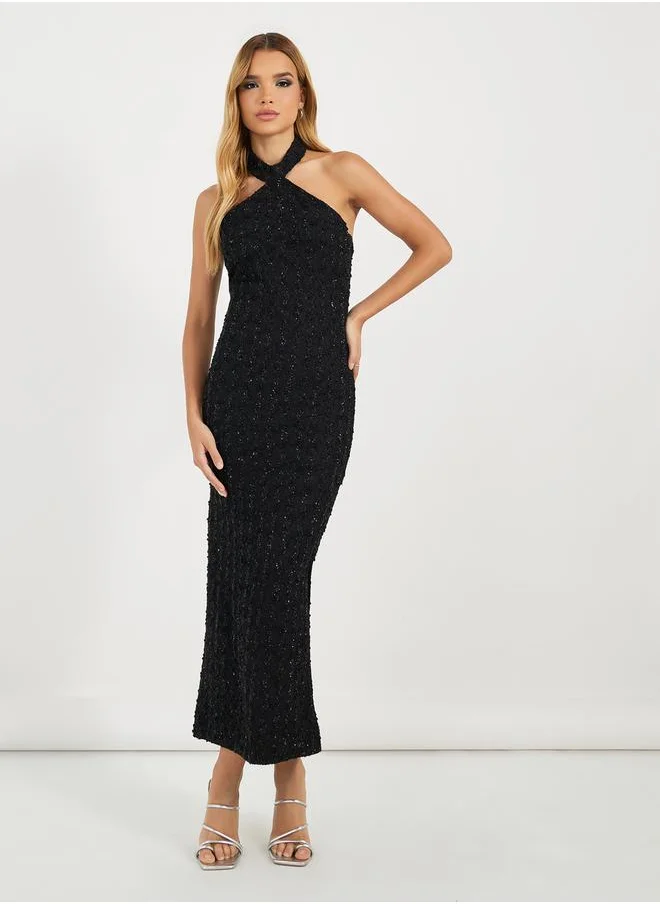 Styli Embellished Halter Neck Bodycon Maxi Dress