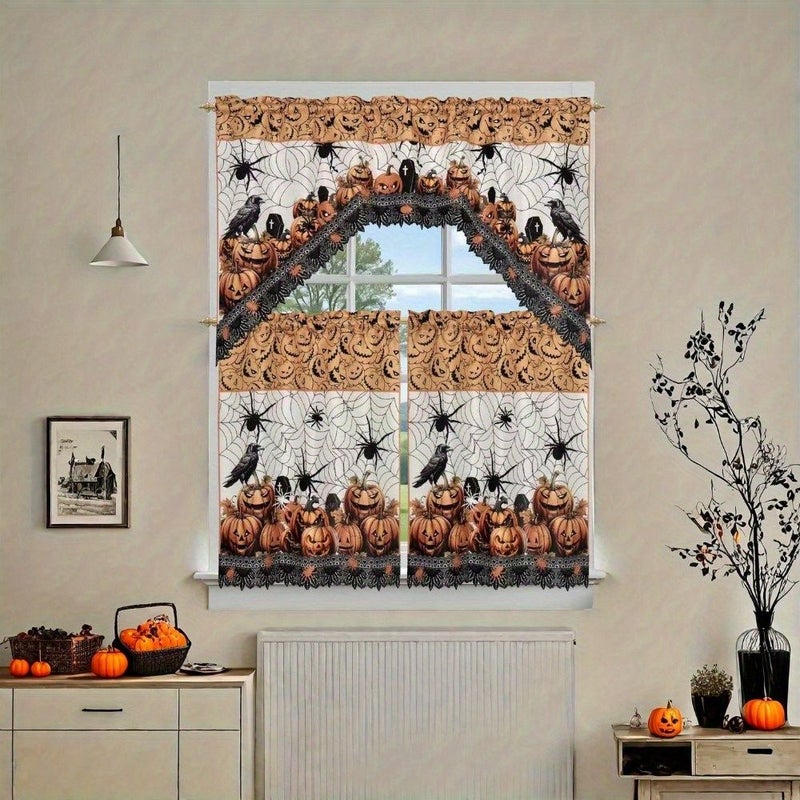 Pumpkin Maple Leaves Curtain Set 2pc Autumn Halloween Window Decor Rod Pocket - Image 4