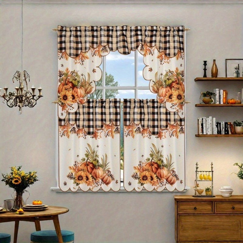 Pumpkin Maple Leaves Curtain Set 2pc Autumn Halloween Window Decor Rod Pocket - Image 2