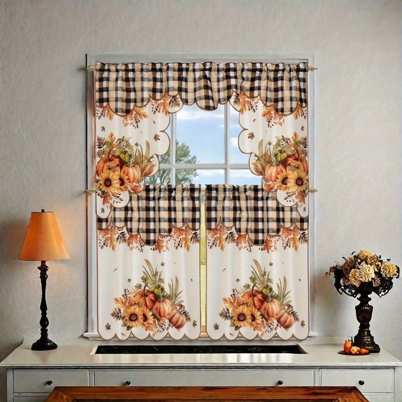 Pumpkin Maple Leaves Curtain Set 2pc Autumn Halloween Window Decor Rod Pocket - Image 5