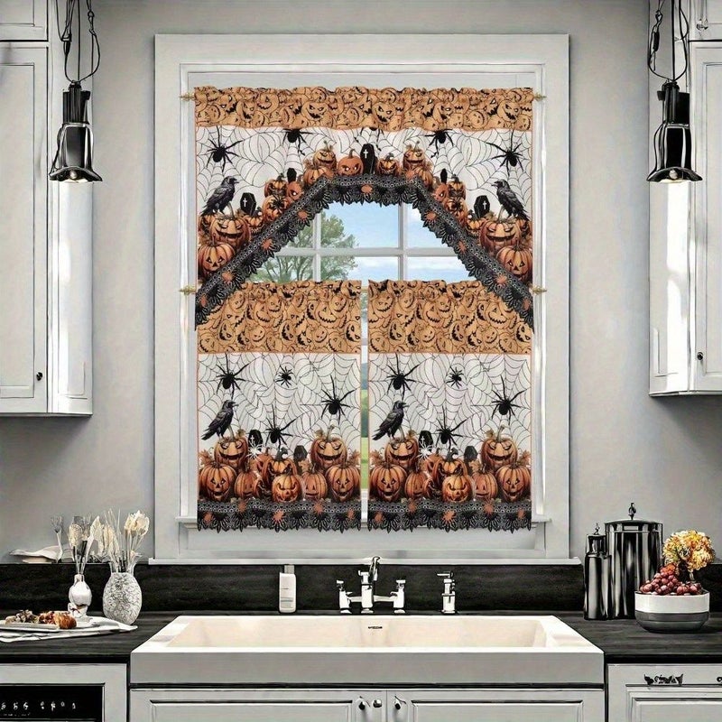 Pumpkin Maple Leaves Curtain Set 2pc Autumn Halloween Window Decor Rod Pocket - Image 3