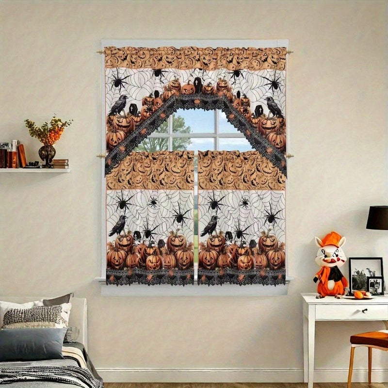 Pumpkin Maple Leaves Curtain Set 2pc Autumn Halloween Window Decor Rod Pocket - Image 1