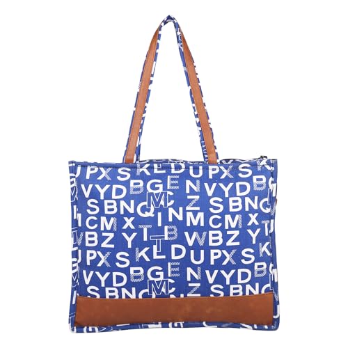 ENSAC Premium Cotton Tote Bag for Women, Stylish Handbag for women with Zip Closure | Fit for Office Bag, College, Travel Use | Handcrafted in India (Cutwork-tote-big) (Alpha-Blue) - Image 1