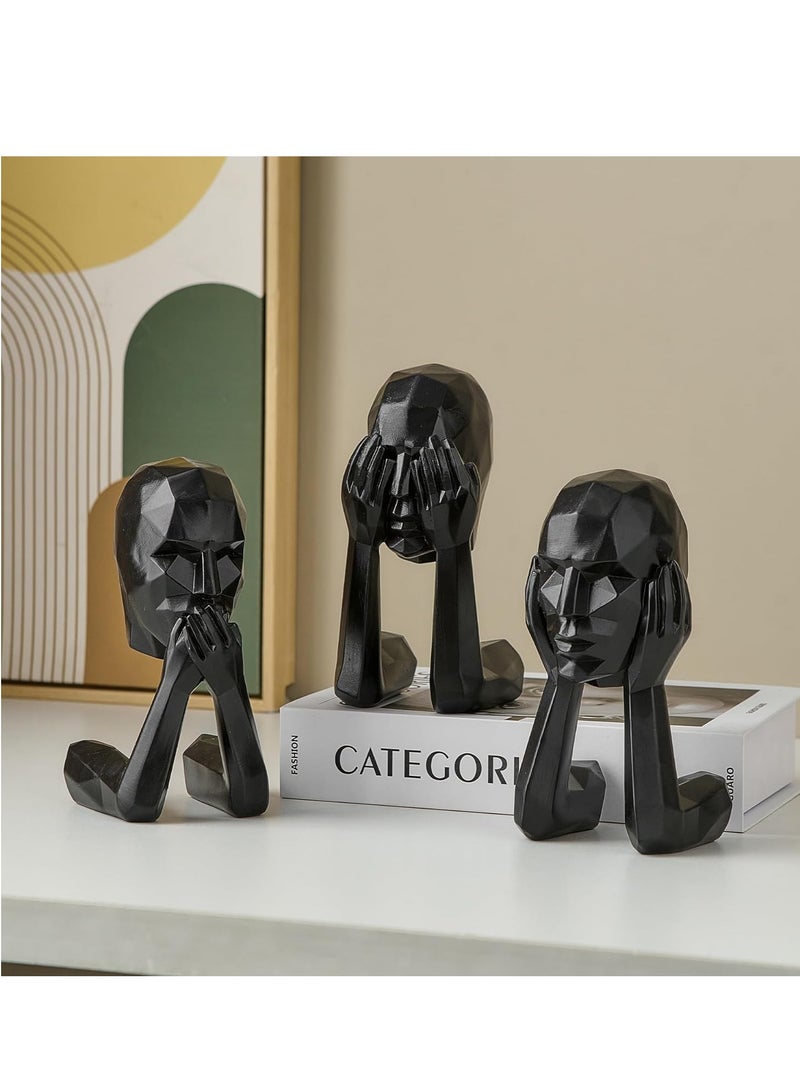 راكسوم مجموعة من 3 تماثيل مفكر سوداء لديكور المنزل الحديث، لا أسمع شرًا، لا أرى شرًا، لا أتكلم شرًا، ديكور رف، منحوتة جمالية، تماثيل الصمت من الذهب، ديكورات طاولات لغرفة المعيشة والمكتب وغرفة النوم - Image 1