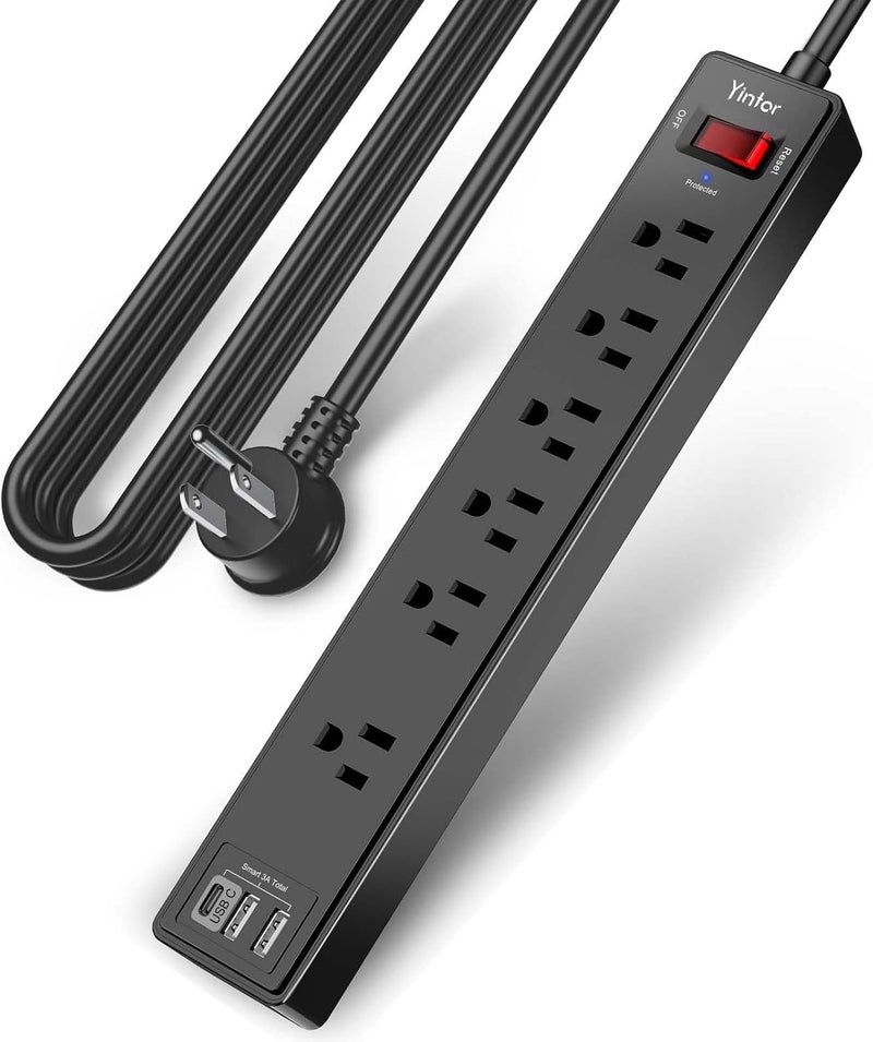 Yintar 10 Ft Power Strip Surge Protector - Extension Cord with 6 AC Outlets and 3 USB Ports for Home, Office, Dorm Essentials, 1680 Joules, ETL Listed, Black - Image 1