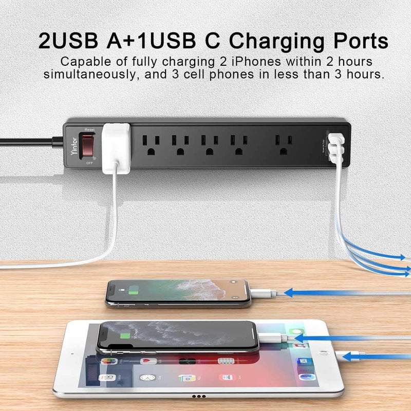 Yintar 10 Ft Power Strip Surge Protector - Extension Cord with 6 AC Outlets and 3 USB Ports for Home, Office, Dorm Essentials, 1680 Joules, ETL Listed, Black - Image 3