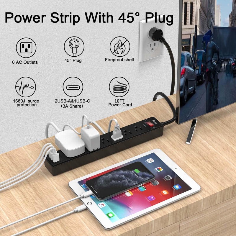 Yintar 10 Ft Power Strip Surge Protector - Extension Cord with 6 AC Outlets and 3 USB Ports for Home, Office, Dorm Essentials, 1680 Joules, ETL Listed, Black - Image 2