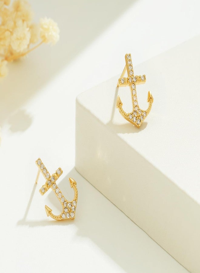BENEIGE Gold Anchor Stud Earrings | BENEIGE 14K Real Gold Plated Small Stud Earrings for Women Men | Tiny Anchor Cartilage Earrings with Cubic Zirconia Pave - Image 5