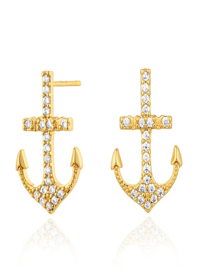BENEIGE Gold Anchor Stud Earrings | BENEIGE 14K Real Gold Plated Small Stud Earrings for Women Men | Tiny Anchor Cartilage Earrings with Cubic Zirconia Pave - Image 1