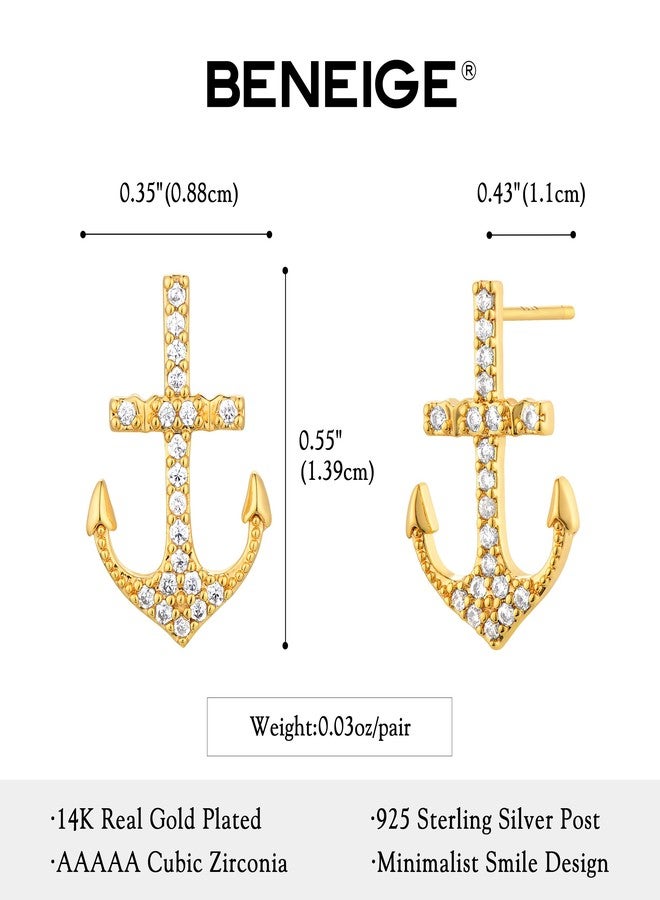 BENEIGE Gold Anchor Stud Earrings | BENEIGE 14K Real Gold Plated Small Stud Earrings for Women Men | Tiny Anchor Cartilage Earrings with Cubic Zirconia Pave - Image 4