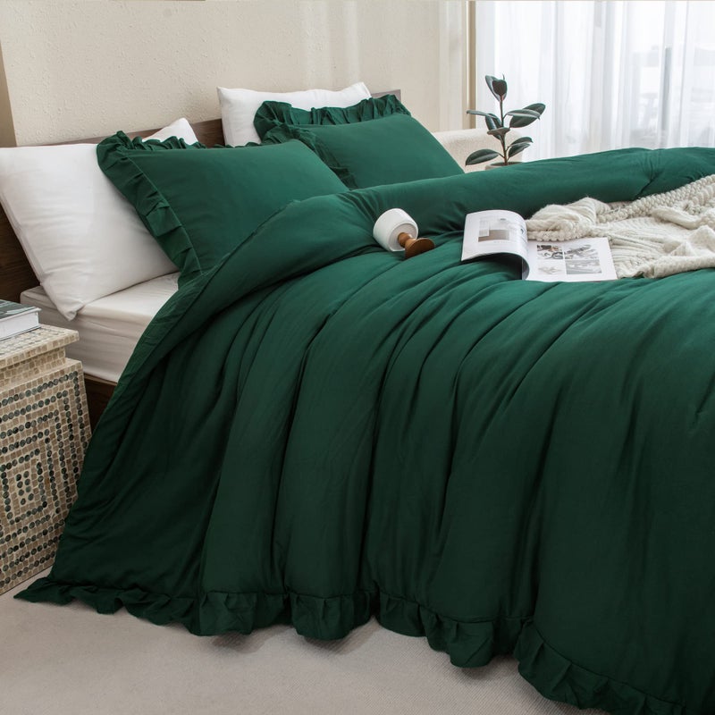 Andency Dark Emerald Green Comforter Set King  3 Pieces Lightweight Ruffle Bedding Comforter Sets  Farmhouse Ruffle Bed Comforter Set  Lightweight and Soft Bedding Comforter for All Seasons - Image 4