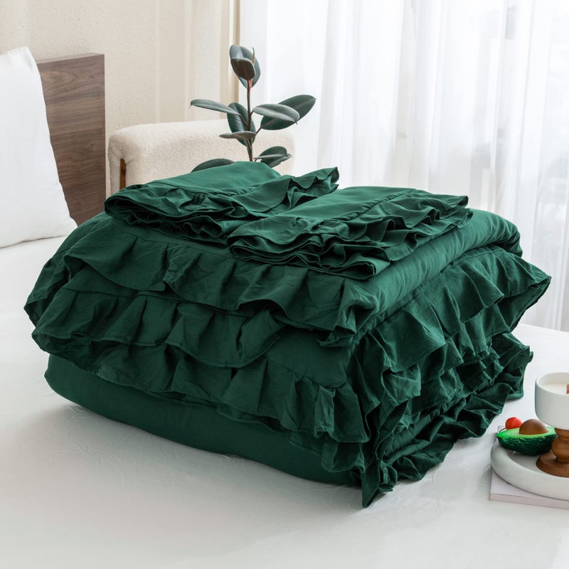 Andency Dark Emerald Green Comforter Set King  3 Pieces Lightweight Ruffle Bedding Comforter Sets  Farmhouse Ruffle Bed Comforter Set  Lightweight and Soft Bedding Comforter for All Seasons - Image 5