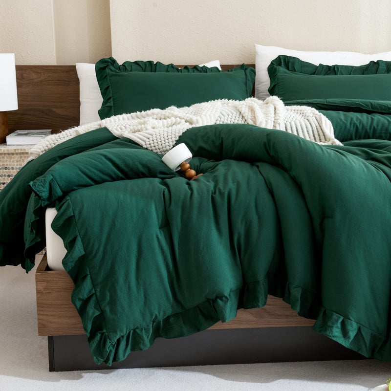 Andency Dark Emerald Green Comforter Set King  3 Pieces Lightweight Ruffle Bedding Comforter Sets  Farmhouse Ruffle Bed Comforter Set  Lightweight and Soft Bedding Comforter for All Seasons - Image 3