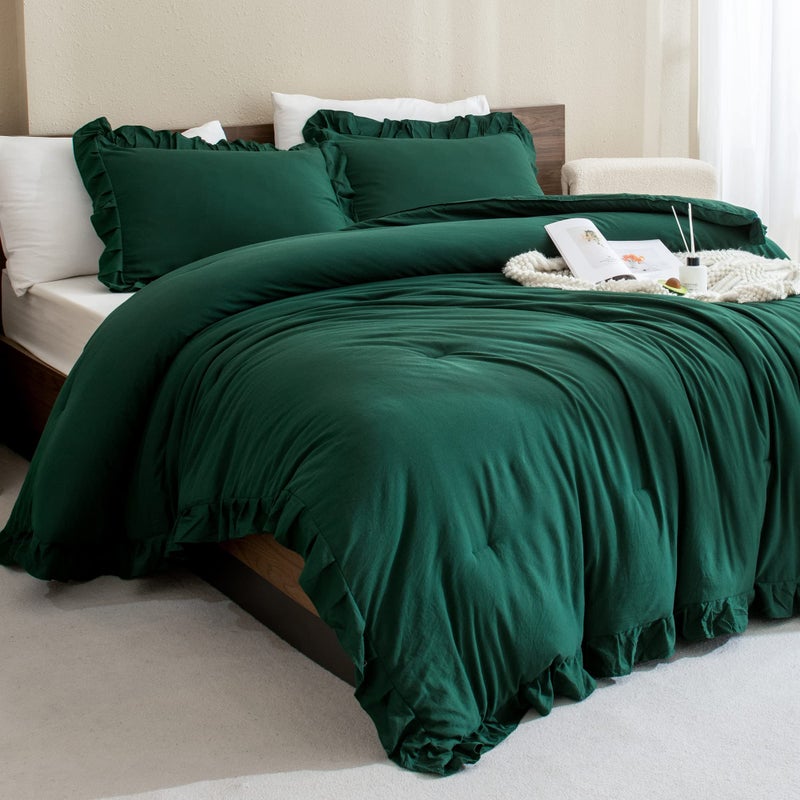 Andency Dark Emerald Green Comforter Set King  3 Pieces Lightweight Ruffle Bedding Comforter Sets  Farmhouse Ruffle Bed Comforter Set  Lightweight and Soft Bedding Comforter for All Seasons - Image 2