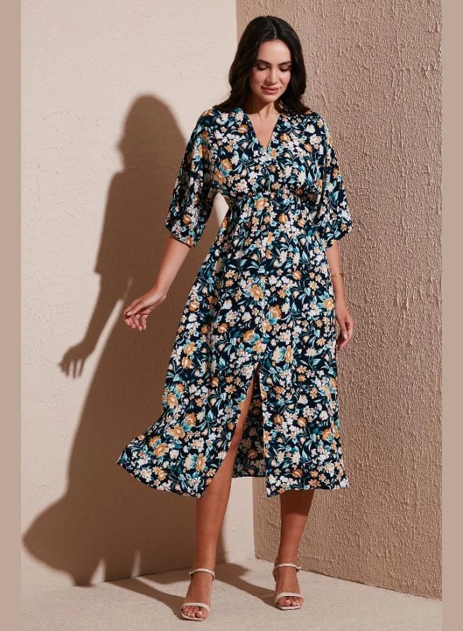 Lela Lela Regular Fit V-Neck Patterned Midi Length Dress Women's DRESS 67810573