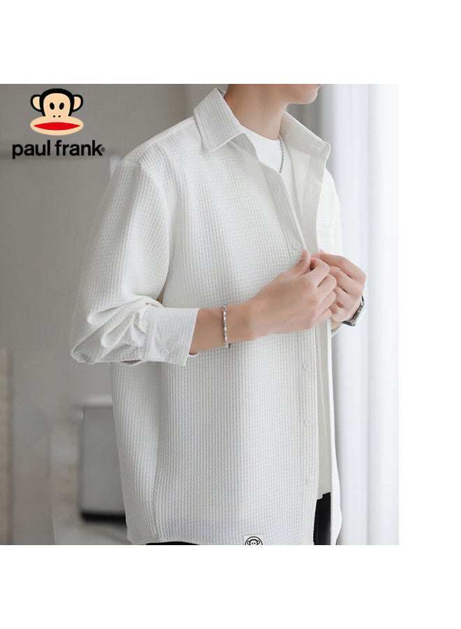 Paul Frank Men's Spring Casual Long Sleeve Shirt Men's Loose Fit Oxford Plaid All-match Top Coat White M