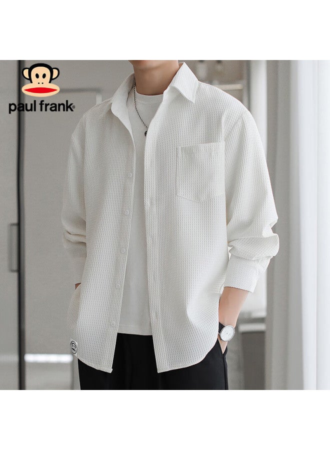 Paul Frank Men's Spring Casual Long Sleeve Shirt Men's Loose Fit Oxford Plaid All-match Top Coat White M