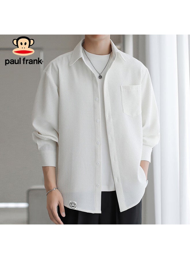 Paul Frank Men's Spring Casual Long Sleeve Shirt Men's Loose Fit Oxford Plaid All-match Top Coat White M