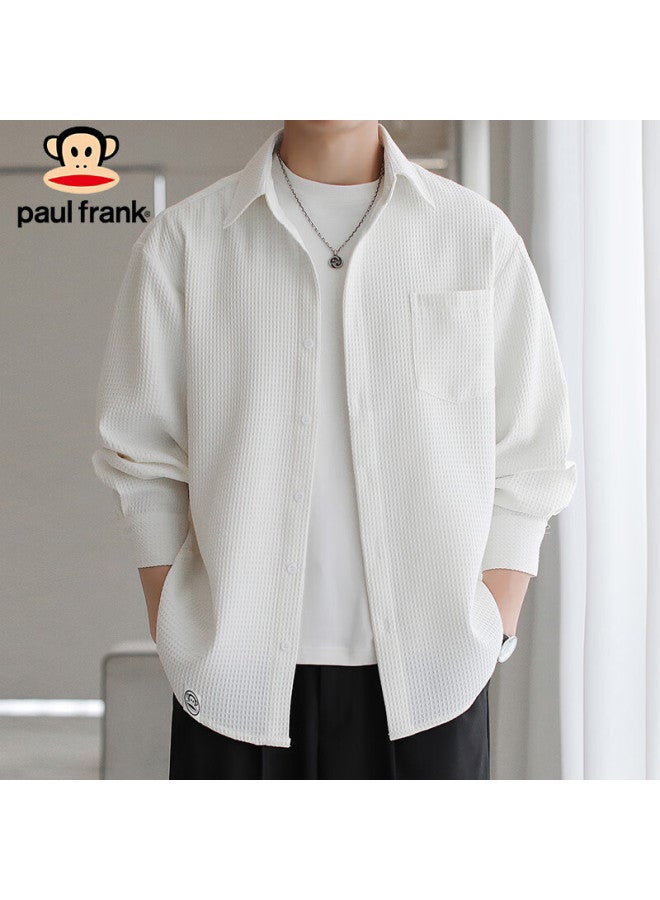 Paul Frank Men's Spring Casual Long Sleeve Shirt Men's Loose Fit Oxford Plaid All-match Top Coat White M