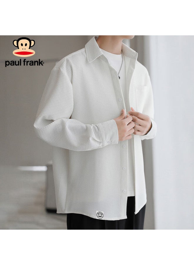 Paul Frank Men's Spring Casual Long Sleeve Shirt Men's Loose Fit Oxford Plaid All-match Top Coat White M