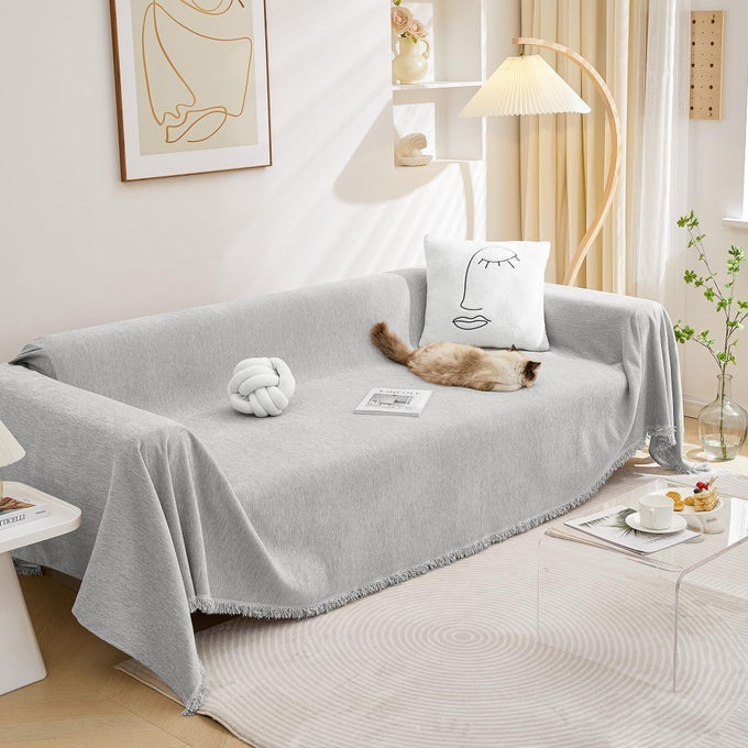SOFA COVERS COUCH COVERS FOR 3 SEATS CUSHION PROTECTOR SOFA THROW COVER FOR COUCHES WASHABLE SOFT CHENILLE BLEND MODERN DECORATIVE FOR LIVING ROOM 91 X 134 LIGHT GRAY