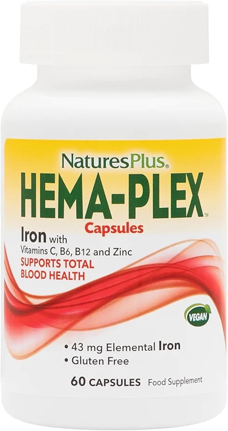 NaturesPlus HemaPlex Iron  60 FastActing Capsules  85 mg Chelated Iron  Total Blood Health  With Vitamin C  Bioflavonoids  Vegan Gluten Free  30 Servings - Image 1