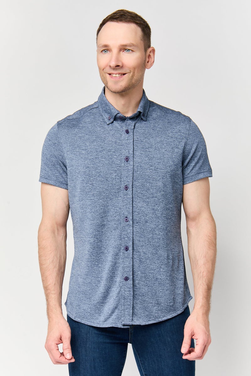 Report Collection Men Modern Fit Heather Short Sleeve Casual Shirt, Navy - Image 1