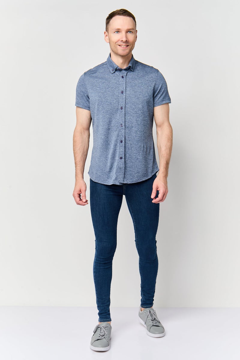 Report Collection Men Modern Fit Heather Short Sleeve Casual Shirt, Navy - Image 2