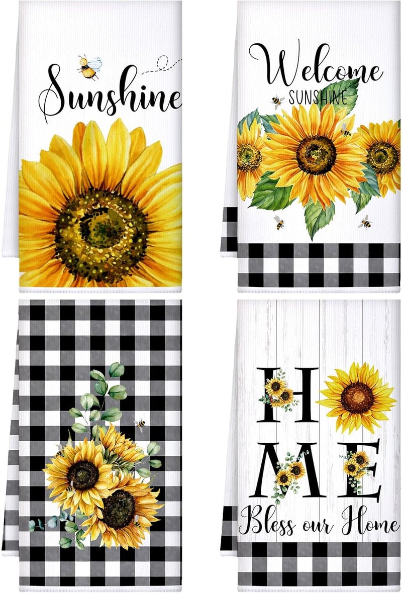 Bencailor 4 Pcs Sunflower Kitchen Towels Summer Sea Beach Flower Floral Embroidered Kitchen Dish Towels Fast Drying Kitchen Decor for Cooking, 16 x 24 Inch(Yellow, Sunflower) - Image 1