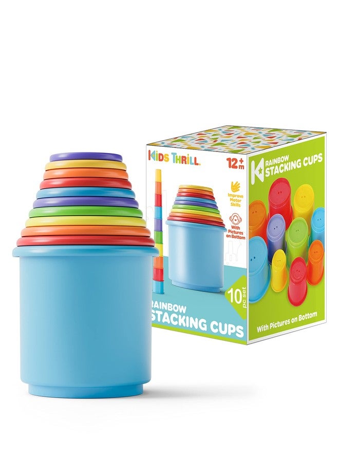 KIDSTHRILL Rainbow Colors Baby Stacking Cups for Toddlers, Tall Baby Stacking Toys Nesting Cups, Drain Holes for Bath Toys, Educational & Motor Skills Sorting & Nesting for 1 2 3 Years Old - Image 1