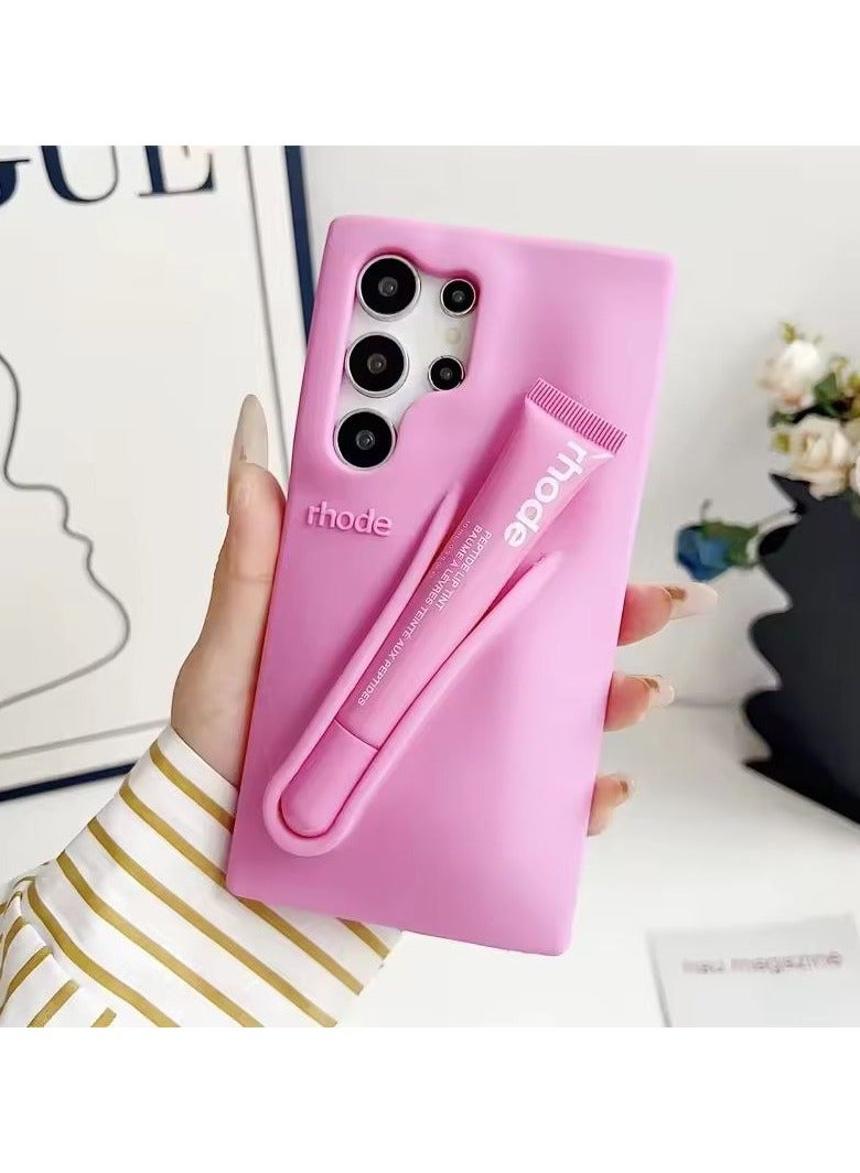 rhode Lip Gloss Phone Case with Lip Tint, For Samsung Galaxy S24 Ultra Case Liquid Silicone Camera Protection Lipstick Lip Glaze Phone Case for Samsung Galaxy S24 Ultra (ShortCake) - Image 1