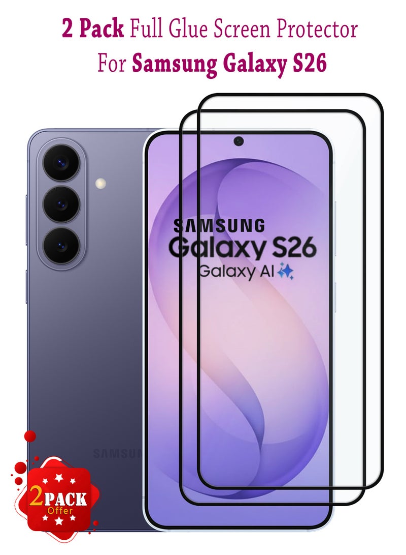 عبوة من قطعتين من واقي شاشة سامسونج جالاكسي S26 | زجاج مقوى متوافق مع سامسونج جالاكسي S26 | واقي شاشة عالي الدقة بالكامل، زجاج مقوى مقاوم للخدش، تغطية كاملة للحواف، مع طقم تركيب سهل - أسود - Image 1