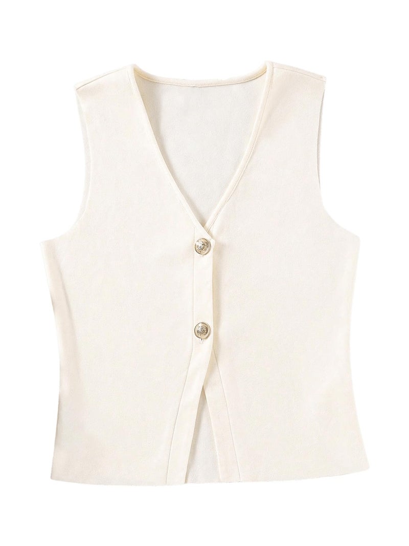 MakeMeChic Women's Blazer Vest Business Casual V Neck Button Down Sleeveless Summer Tops Apricot X-Small - Image 1