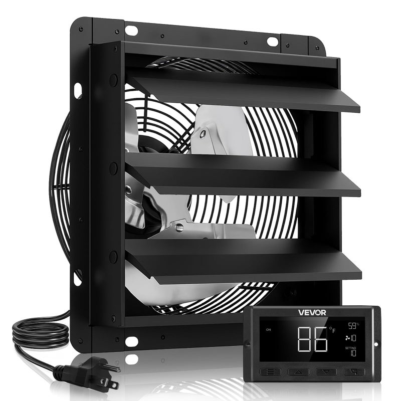 VEVOR مروحة عادم VEVOR 12 بوصة، مروحة علوية مثبتة على الحائط مع سرعة متغيرة، جهاز تحكم في درجة الحرارة والرطوبة، 1500 CFM، مصراع تلقائي - Image 1