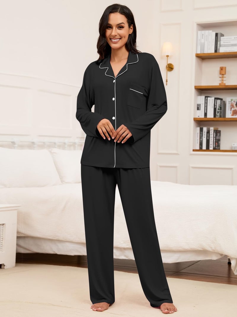 Umeyda Girls Button Down Pajamas Set, Long Sleeve Pjs Nightwear Sleepwear for Teen Kid 2 Pcs Loungewear, Black, 7-8 Years=140 - Image 3