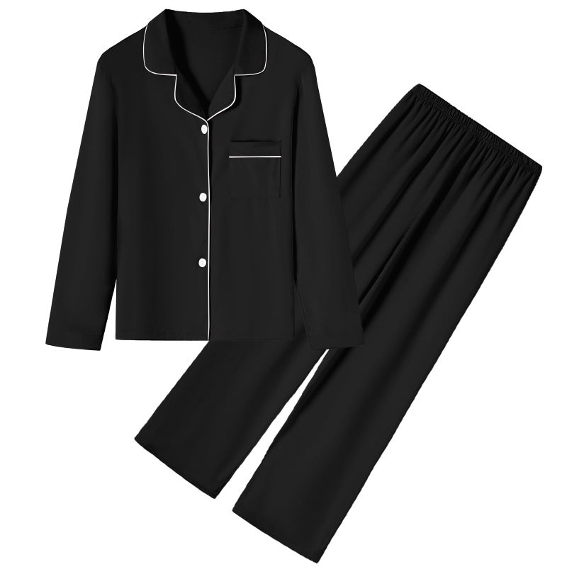 Umeyda Girls Button Down Pajamas Set, Long Sleeve Pjs Nightwear Sleepwear for Teen Kid 2 Pcs Loungewear, Black, 7-8 Years=140 - Image 1