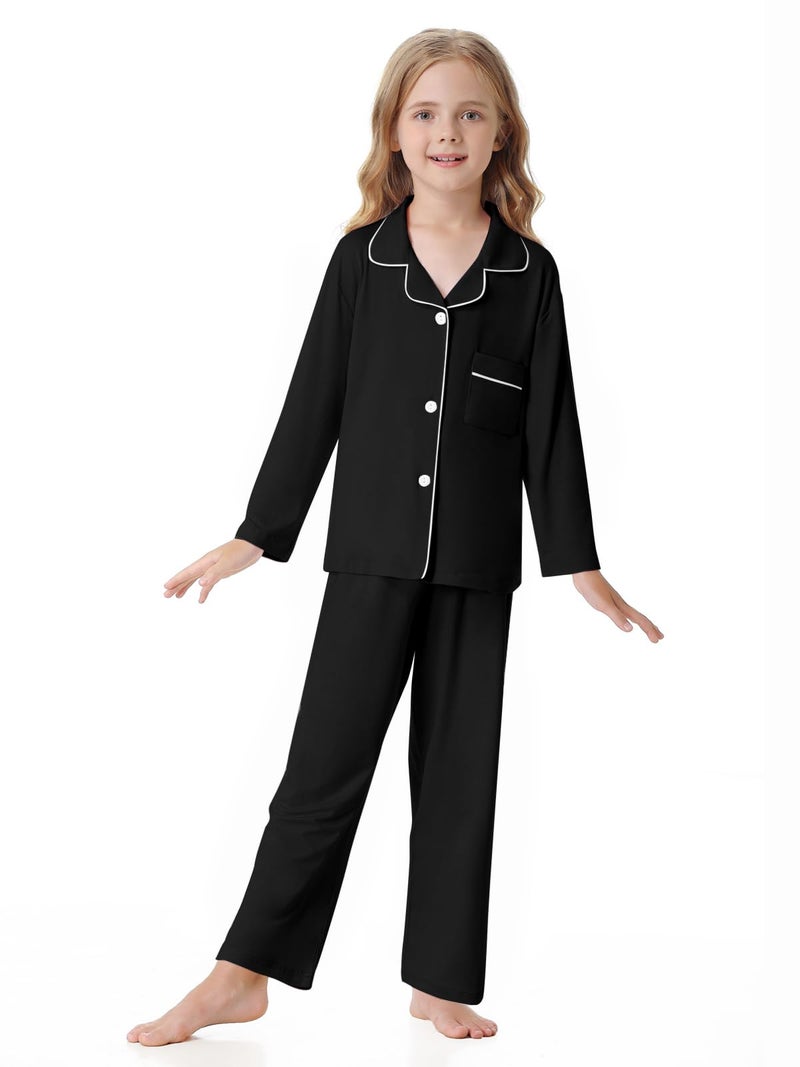 Umeyda Girls Button Down Pajamas Set, Long Sleeve Pjs Nightwear Sleepwear for Teen Kid 2 Pcs Loungewear, Black, 7-8 Years=140 - Image 2