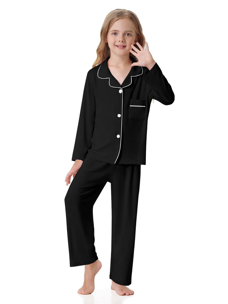 Umeyda Girls Button Down Pajamas Set, Long Sleeve Pjs Nightwear Sleepwear for Teen Kid 2 Pcs Loungewear, Black, 7-8 Years=140 - Image 4