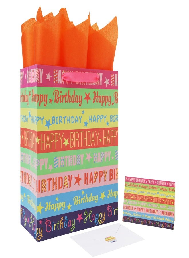 Qirrmiy 13'' Large Happy Birthday Gift Bag Set with Handles, Greeting Card, Tissue Papers and Stickers for Girls Women Kids Teens Boys Men, Words Design, 1 Pcs - Image 1