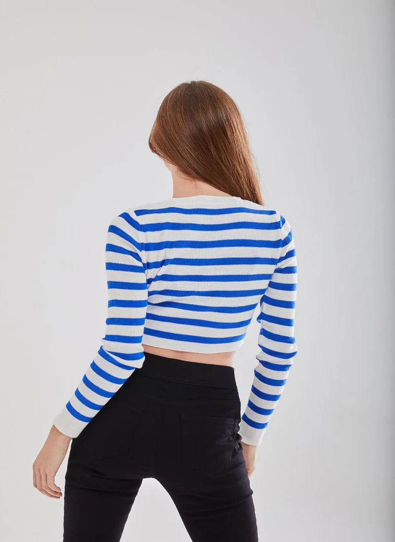 Liquorish Striped Crop Jumper in Navy and White