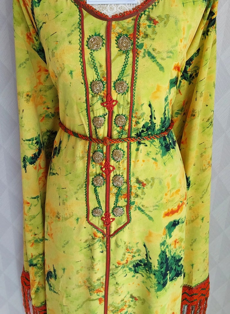الريش البنفسجي  ALREESH 25 MOROCCAN EMBROIDERY RANDA DRESS WITH HIS OWN HANDS READY-MADE JALABIYA  WITH BELT  YELLOW GREEN