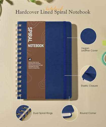 PAPEJOON Dotted Spiral Journal Notebook, A5 Hardcover Spiral Journals for Women Men, 100 GSM Dot Grid Paper Notebooks, 150 Pages Spiral Bullet Dotted Notebook for Writing Note Taking 5.75" x 8.38", Navy Blue - Image 2