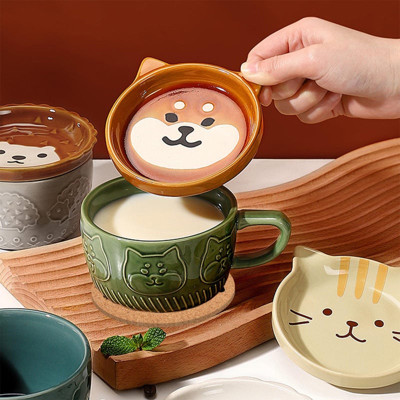 BigNoseDeer Cute Kawaii Dog Mug,Dog Coffee Mugs with Lids,Novelty Animal Coffee Ceramic Tea Cup Dessert Saucer Set,Christmas Birthday Presents for Girls Friend Kids,Dog Lovers Gifts for Women - Image 2
