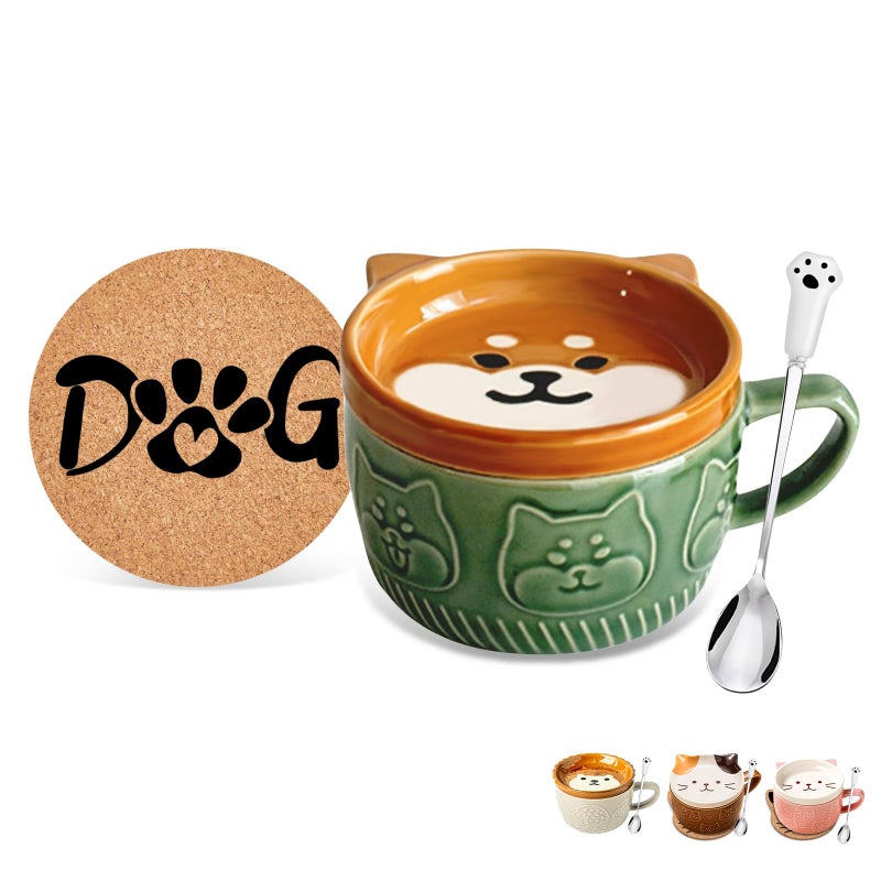 BigNoseDeer Cute Kawaii Dog Mug,Dog Coffee Mugs with Lids,Novelty Animal Coffee Ceramic Tea Cup Dessert Saucer Set,Christmas Birthday Presents for Girls Friend Kids,Dog Lovers Gifts for Women - Image 1