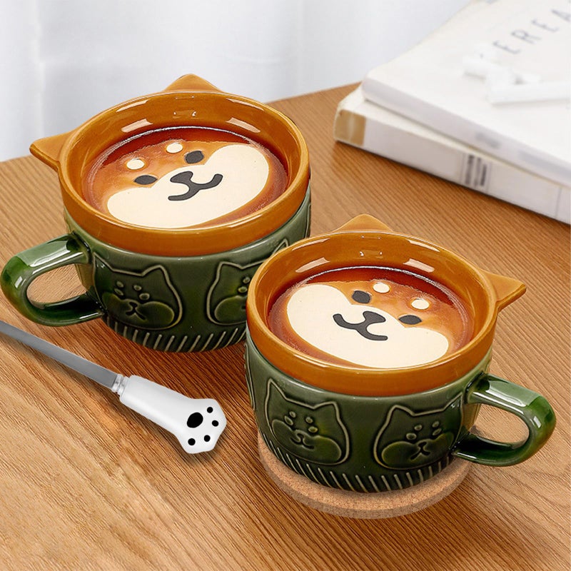 BigNoseDeer Cute Kawaii Dog Mug,Dog Coffee Mugs with Lids,Novelty Animal Coffee Ceramic Tea Cup Dessert Saucer Set,Christmas Birthday Presents for Girls Friend Kids,Dog Lovers Gifts for Women - Image 3