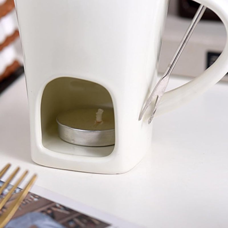 Beige Ceramic Chocolate Fondue Mug 200ml With Fork And Tealight Warmer For Candy Sauce Dessert - Image 4