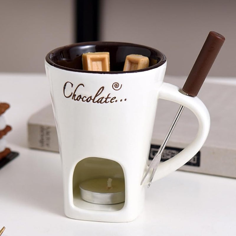 Beige Ceramic Chocolate Fondue Mug 200ml With Fork And Tealight Warmer For Candy Sauce Dessert - Image 3