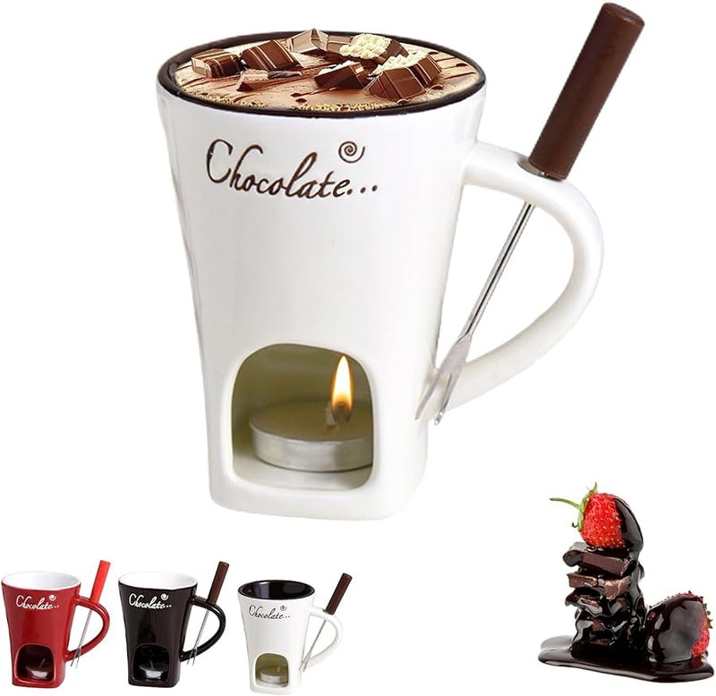 Beige Ceramic Chocolate Fondue Mug 200ml With Fork And Tealight Warmer For Candy Sauce Dessert - Image 1